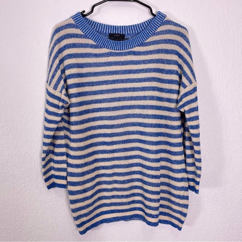 J. Crew Blue & Cream Striped 3/4 Length Sleeve Sweater